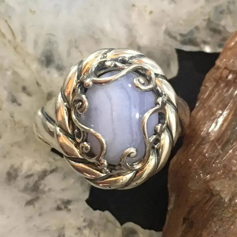 Carolyn Pollack Sterling Oval Blue Lace Agate Decorated Ring Size 8 For Women